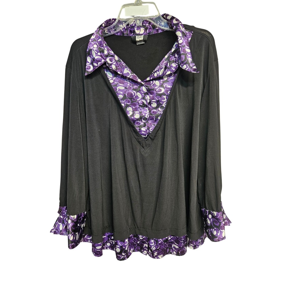 Studio 1940 Womens Plus 26/28W Black Purple Geometric Layered Look Tunic Top